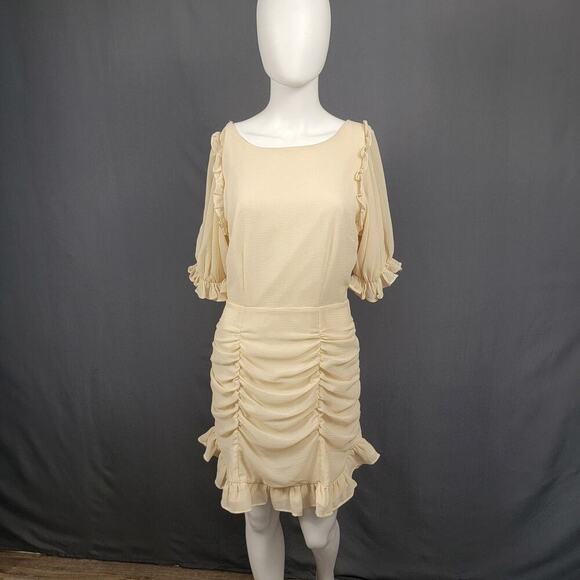 HYFVE Dress Cream Ruched Mini Dress Small Puff Sleeve Ruffle Hem Flirty Romantic - Picture 2 of 6
